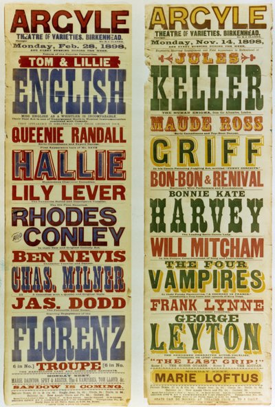 Carteles para el Teatro de Variedades Argyle, Birkenhead, 1898 de English School